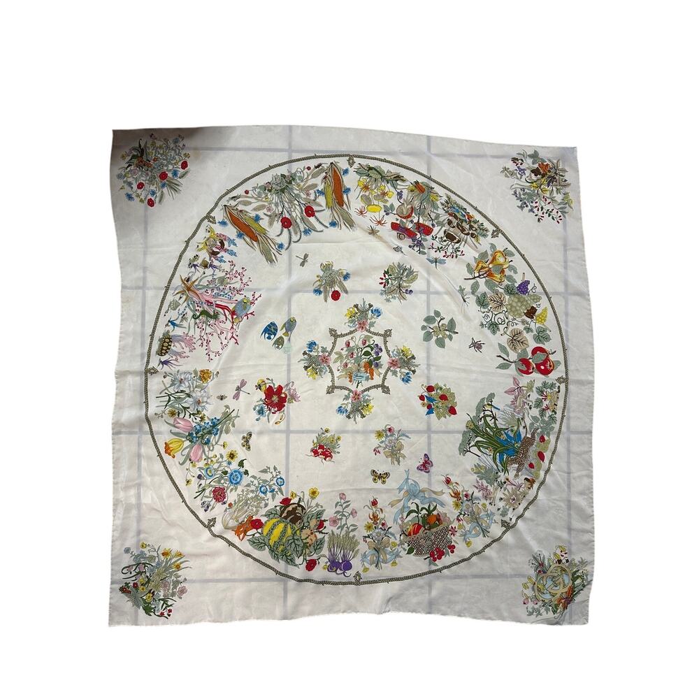 Vintage Gucci 100% Silk Scarf Ivory Floral Fauna Nature Print 40" Italy